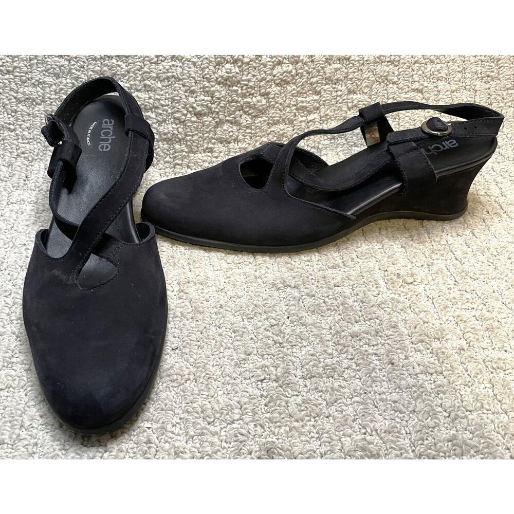Arche Black Nubuck Suede Shoes 41 10 Cross Strap Wedge Heels Slingbacks - Picture 2 of 11